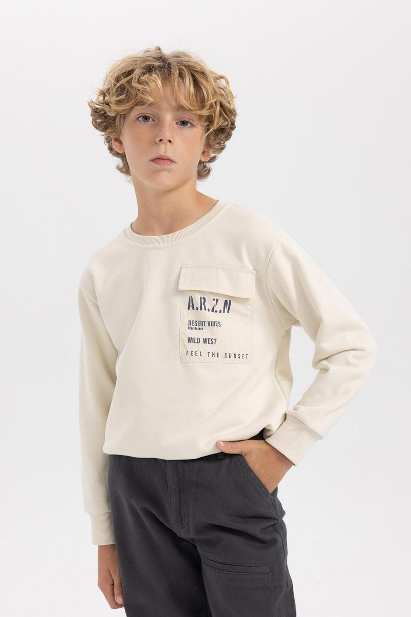 DeFacto Beige Boy Boy Crew Neck Pocket Printed Sweatshirt Casual - Image 4